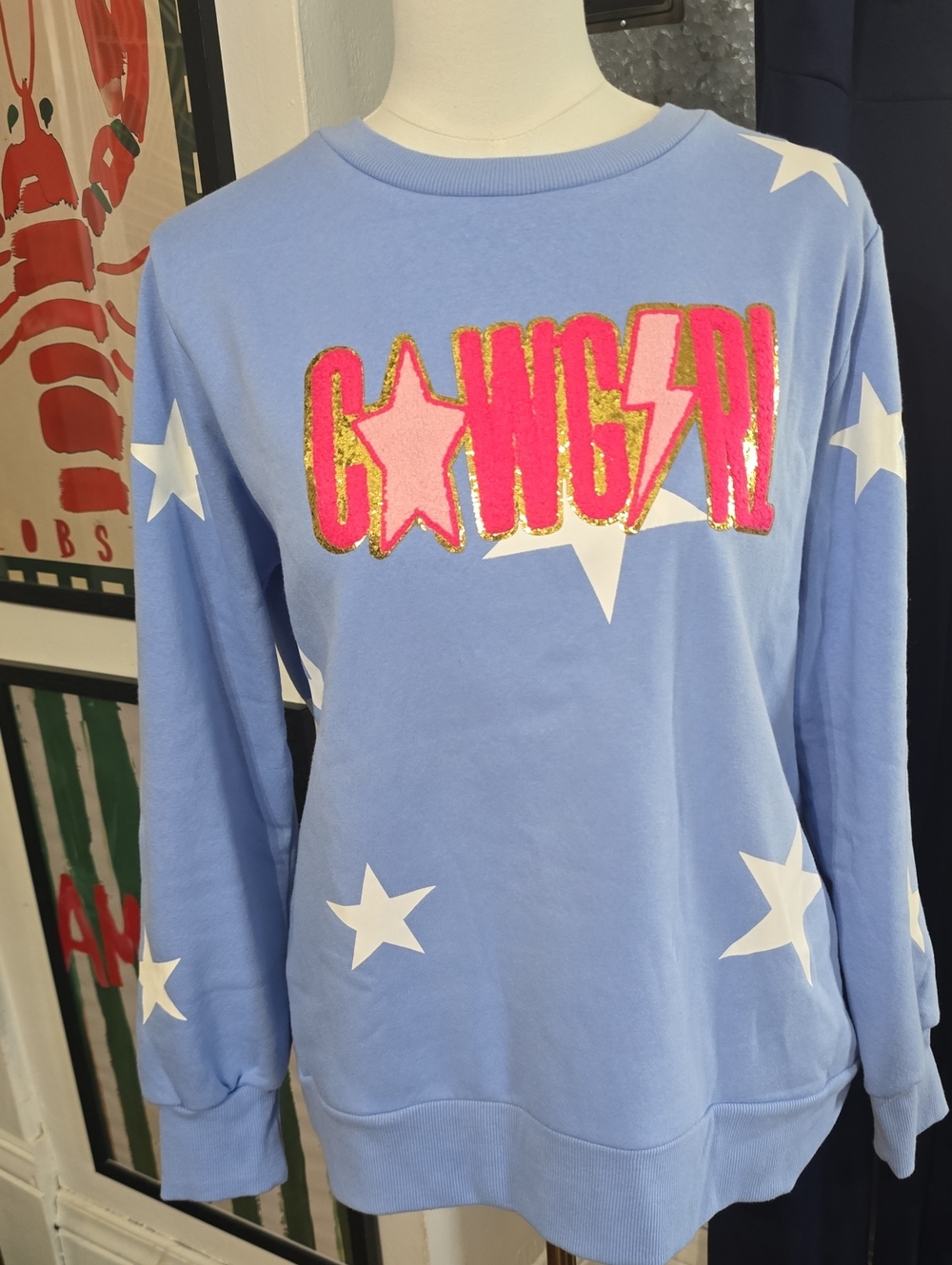 Judith March Light Blue Cowgirl Star Print Sweatshirt Large Nwot